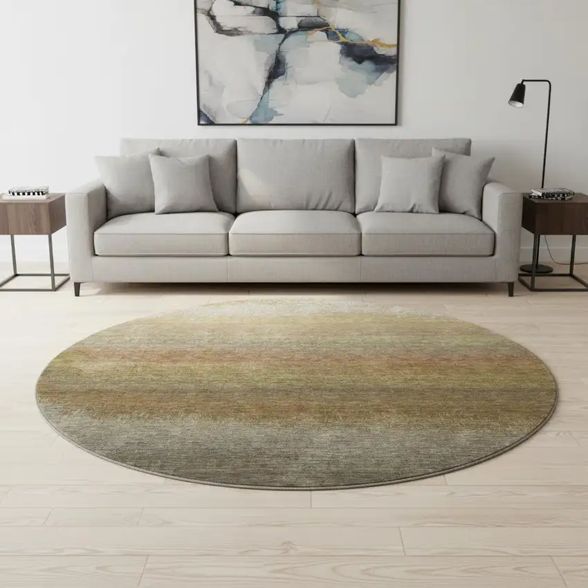 8' Taupe Beige And Gold Ombre Washable Round Rug With UV Protection Photo 2