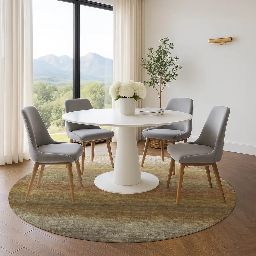 8' Taupe Beige And Gold Ombre Washable Round Rug With UV Protection Photo 5