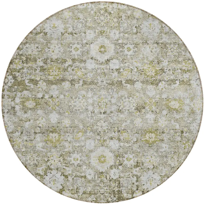 8' Taupe Beige And Gold Round Oriental Washable Indoor Outdoor Area Rug Photo 2