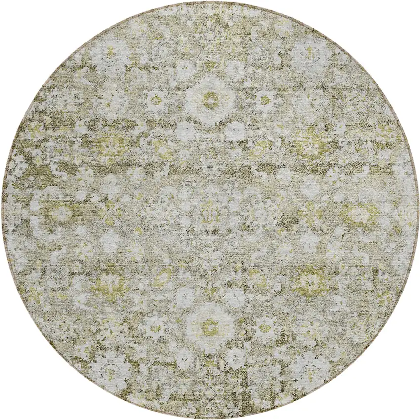 8' Taupe Beige And Gold Round Oriental Washable Indoor Outdoor Area Rug Photo 2