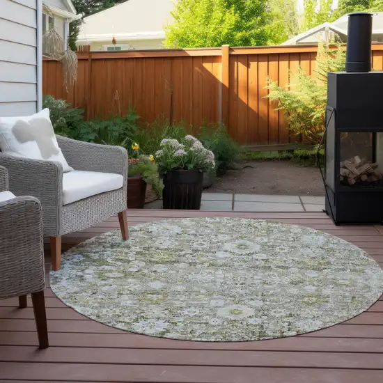 8' Taupe Beige And Gold Round Oriental Washable Indoor Outdoor Area Rug Photo 6