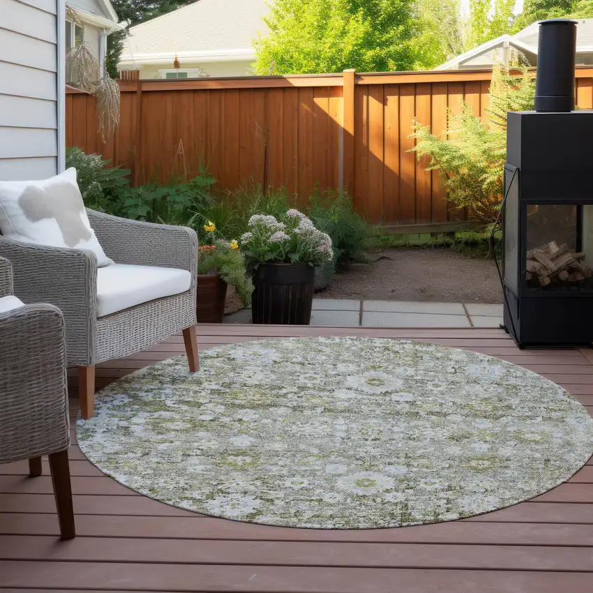 8' Taupe Beige And Gold Round Oriental Washable Indoor Outdoor Area Rug Photo 6