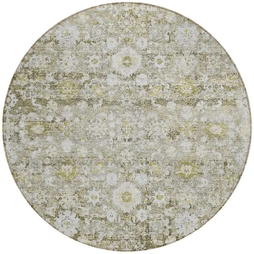8' Taupe Beige And Gold Round Oriental Washable Indoor Outdoor Area Rug Photo 5