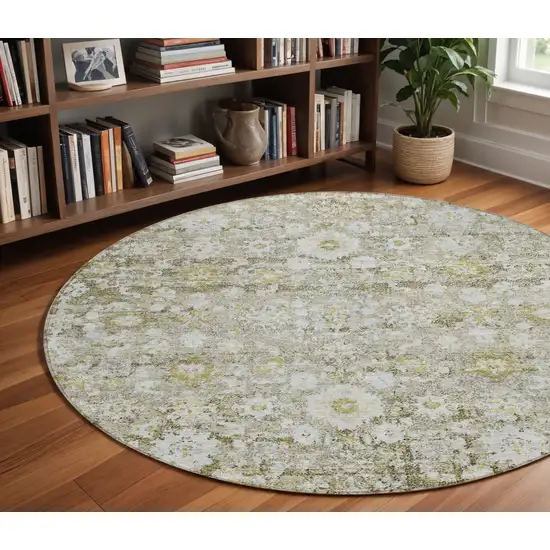 8' Taupe Beige And Gold Round Oriental Washable Indoor Outdoor Area Rug Photo 8