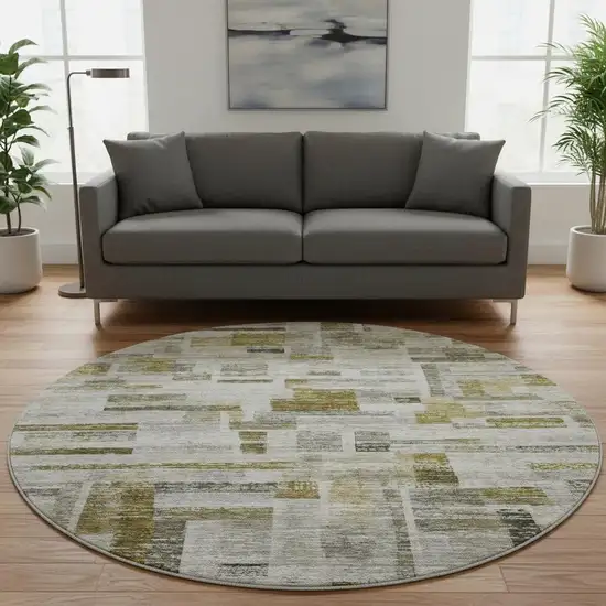 8' Taupe Beige And Gold Striped Washable Round Rug With UV Protection Photo 2