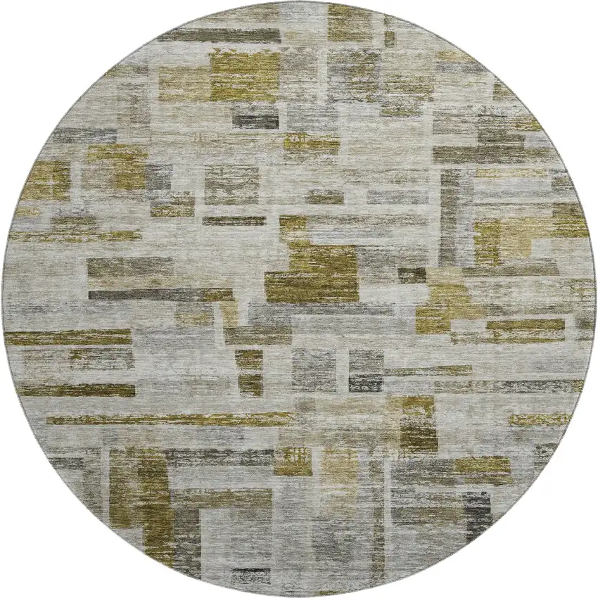 8' Taupe Beige And Gold Striped Washable Round Rug With UV Protection Photo 1