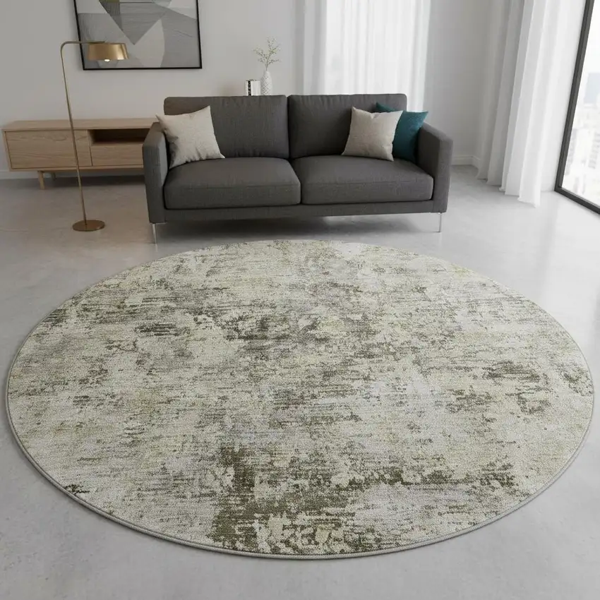 8' Taupe Beige And Gray Abstract Washable Round Rug With UV Protection Photo 2