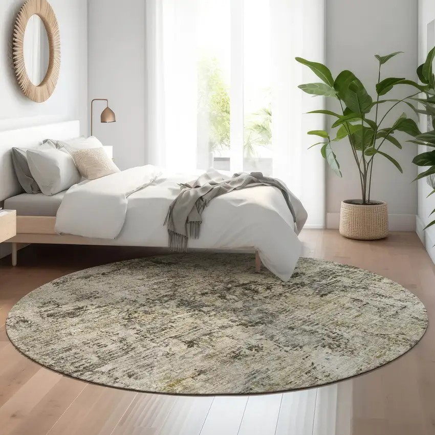 8' Taupe Beige And Gray Abstract Washable Round Rug With UV Protection Photo 5