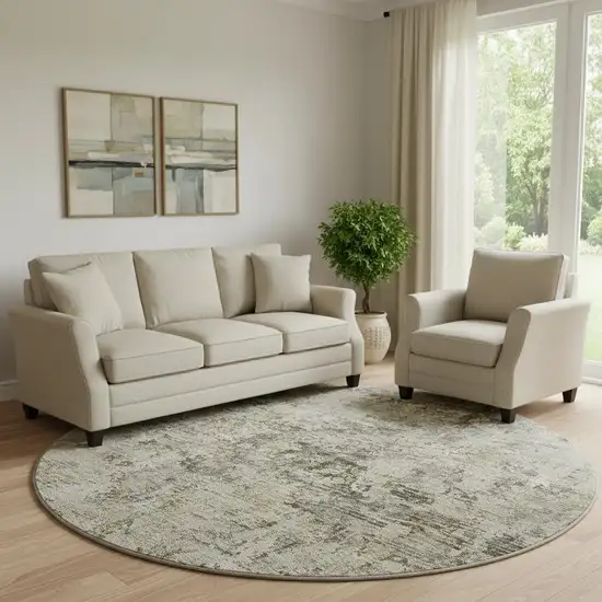 8' Taupe Beige And Gray Abstract Washable Round Rug With UV Protection Photo 1