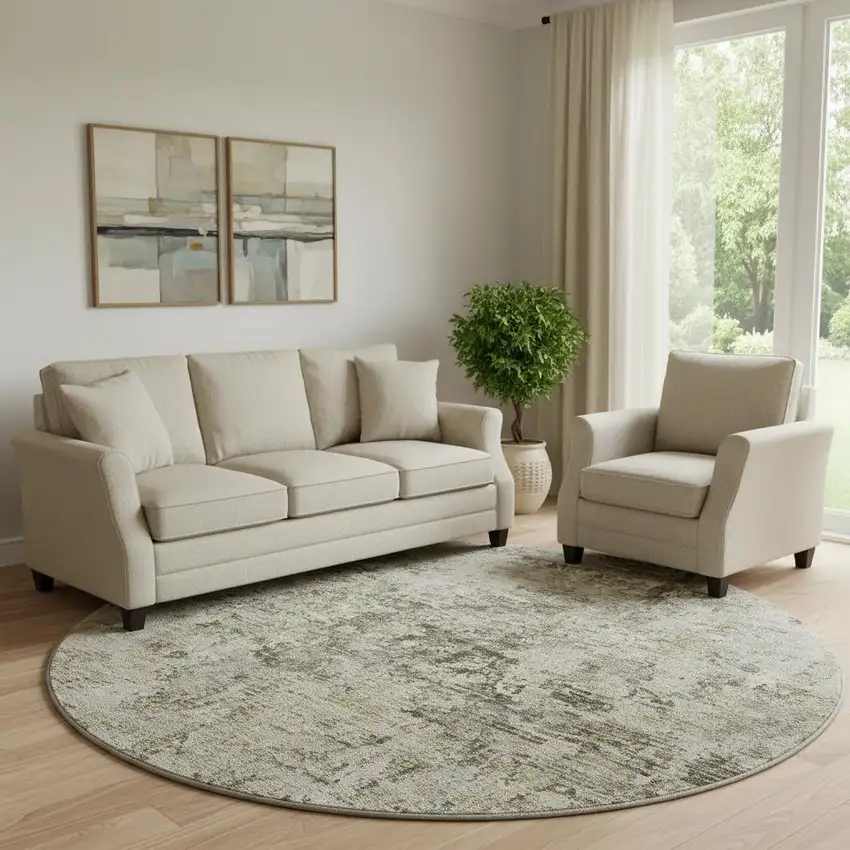 8' Taupe Beige And Gray Abstract Washable Round Rug With UV Protection Photo 1