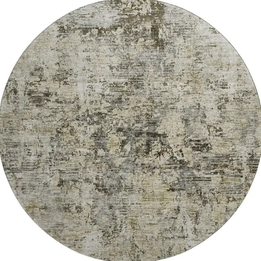8' Taupe Beige And Gray Abstract Washable Round Rug With UV Protection Photo 3