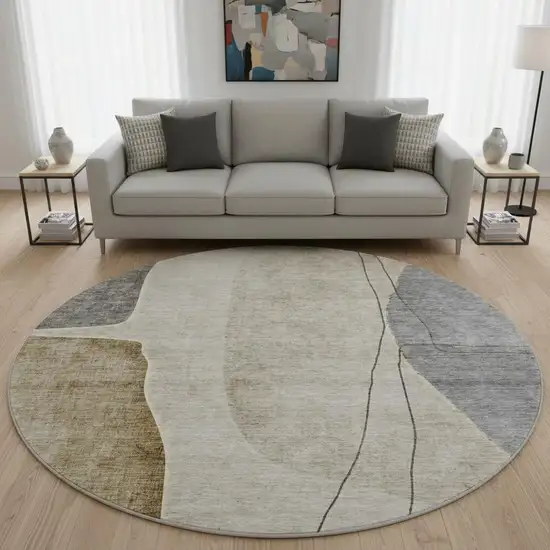 8' Taupe Beige And Gray Abstract Washable Round Rug With UV Protection Photo 2