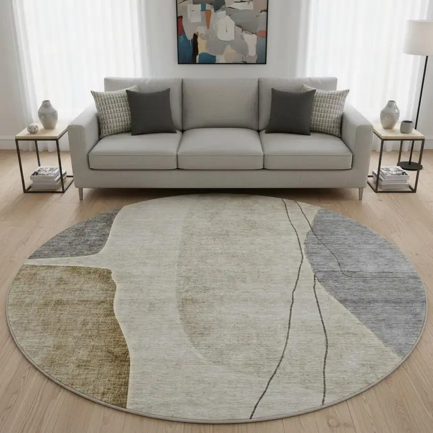 8' Taupe Beige And Gray Abstract Washable Round Rug With UV Protection Photo 2