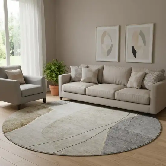 8' Taupe Beige And Gray Abstract Washable Round Rug With UV Protection Photo 1
