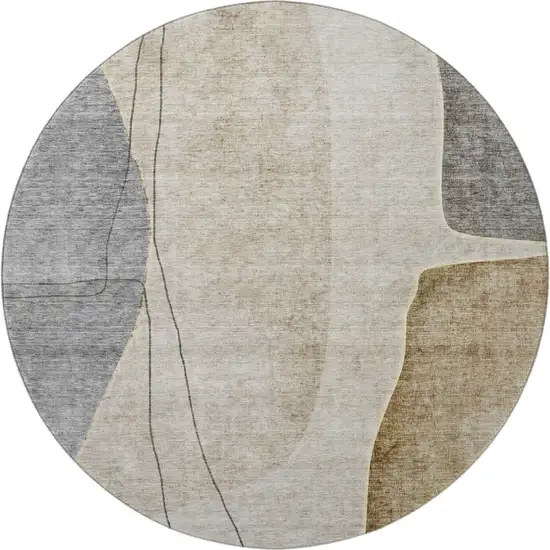 8' Taupe Beige And Gray Abstract Washable Round Rug With UV Protection Photo 3