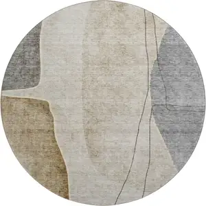 Photo of 8' Taupe Beige And Gray Abstract Washable Round Rug With UV Protection