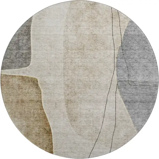 8' Taupe Beige And Gray Abstract Washable Round Rug With UV Protection Photo 1
