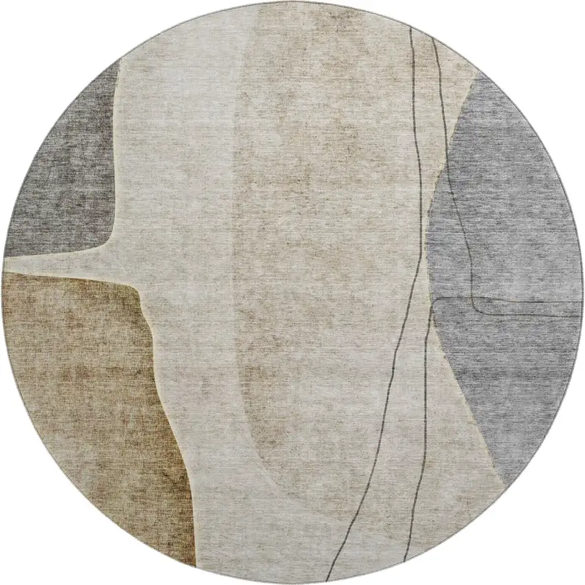 8' Taupe Beige And Gray Abstract Washable Round Rug With UV Protection Photo 1