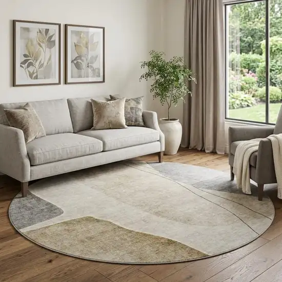 8' Taupe Beige And Gray Abstract Washable Round Rug With UV Protection Photo 1