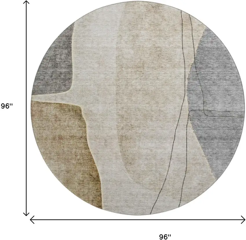 8' Taupe Beige And Gray Abstract Washable Round Rug With UV Protection Photo 5