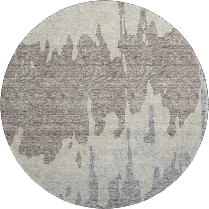 8' Taupe Beige And Gray Abstract Washable Round Rug With UV Protection Photo 1