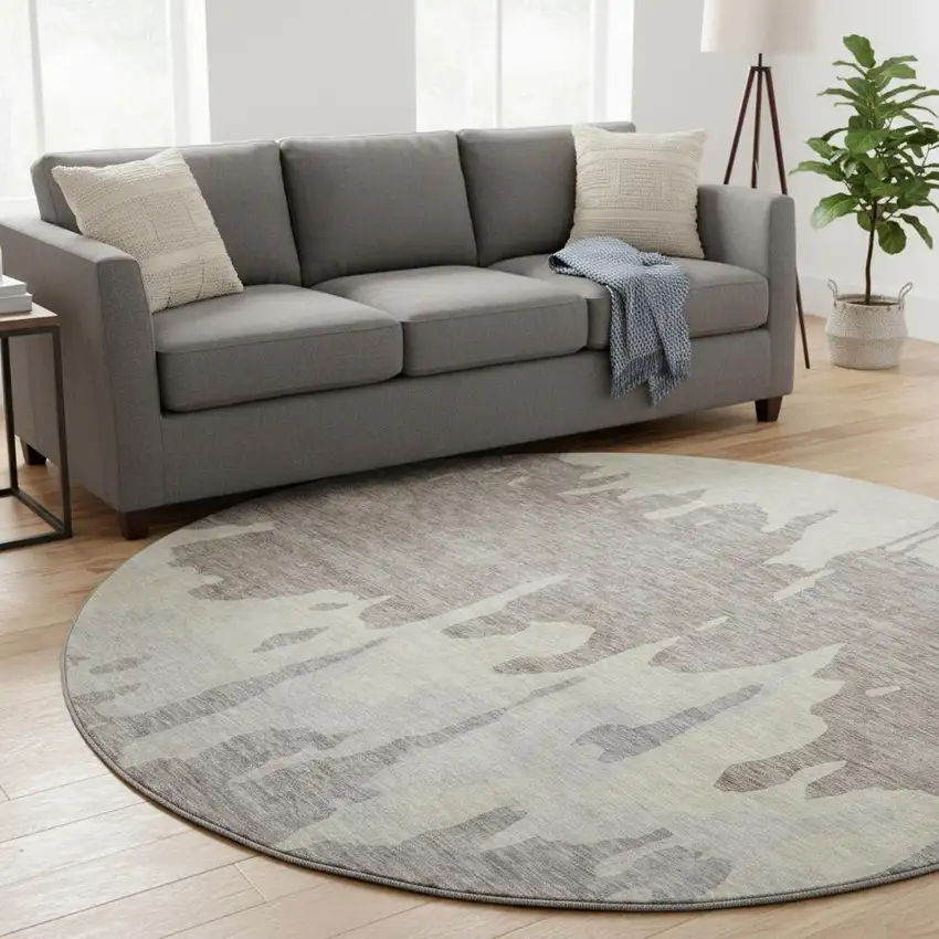 8' Taupe Beige And Gray Abstract Washable Round Rug With UV Protection Photo 2
