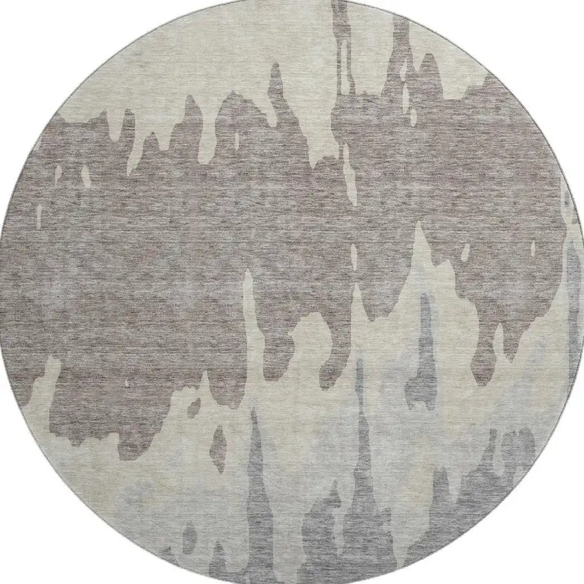 8' Taupe Beige And Gray Abstract Washable Round Rug With UV Protection Photo 3