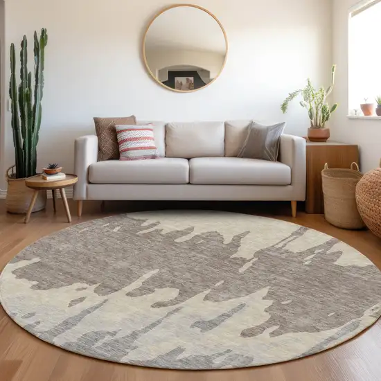 8' Taupe Beige And Gray Abstract Washable Round Rug With UV Protection Photo 4