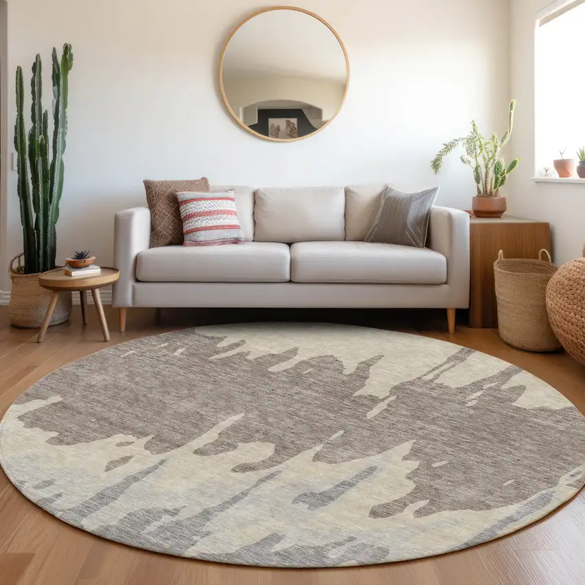 8' Taupe Beige And Gray Abstract Washable Round Rug With UV Protection Photo 4