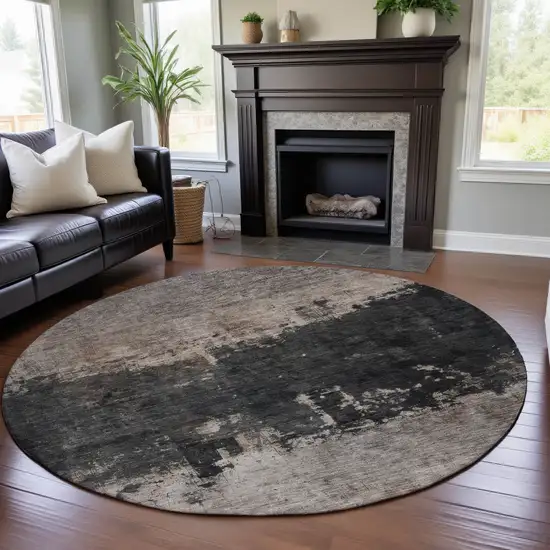 8' Taupe Beige And Gray Abstract Washable Round Rug With UV Protection Photo 3