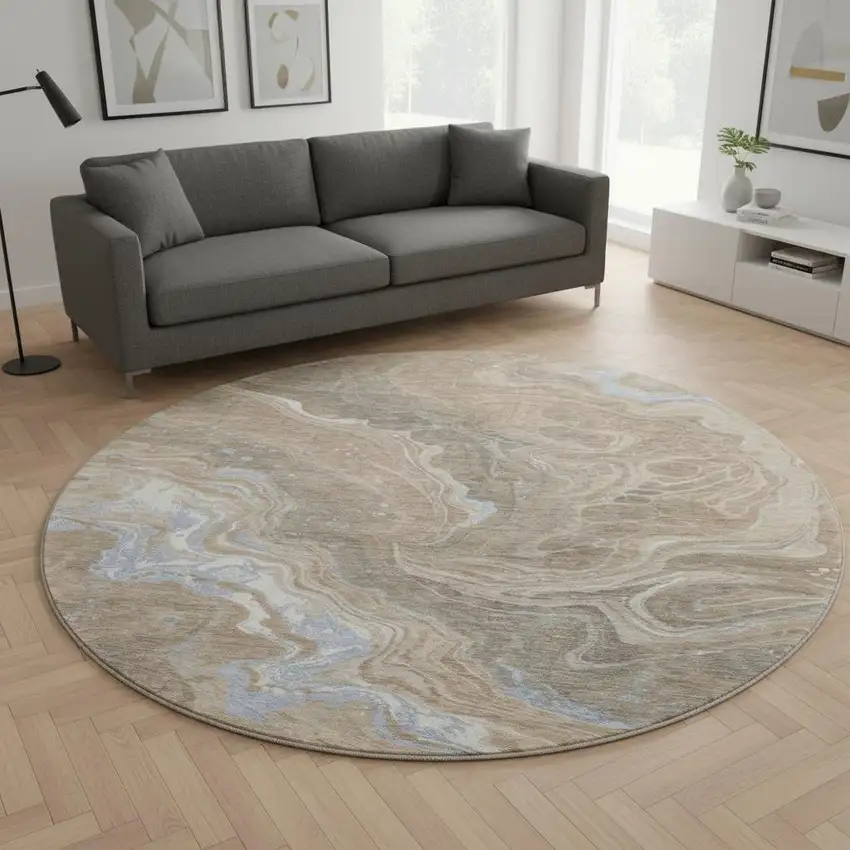 8' Taupe Beige And Gray Abstract Washable Round Rug With UV Protection Photo 2