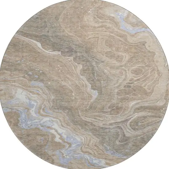 8' Taupe Beige And Gray Abstract Washable Round Rug With UV Protection Photo 3