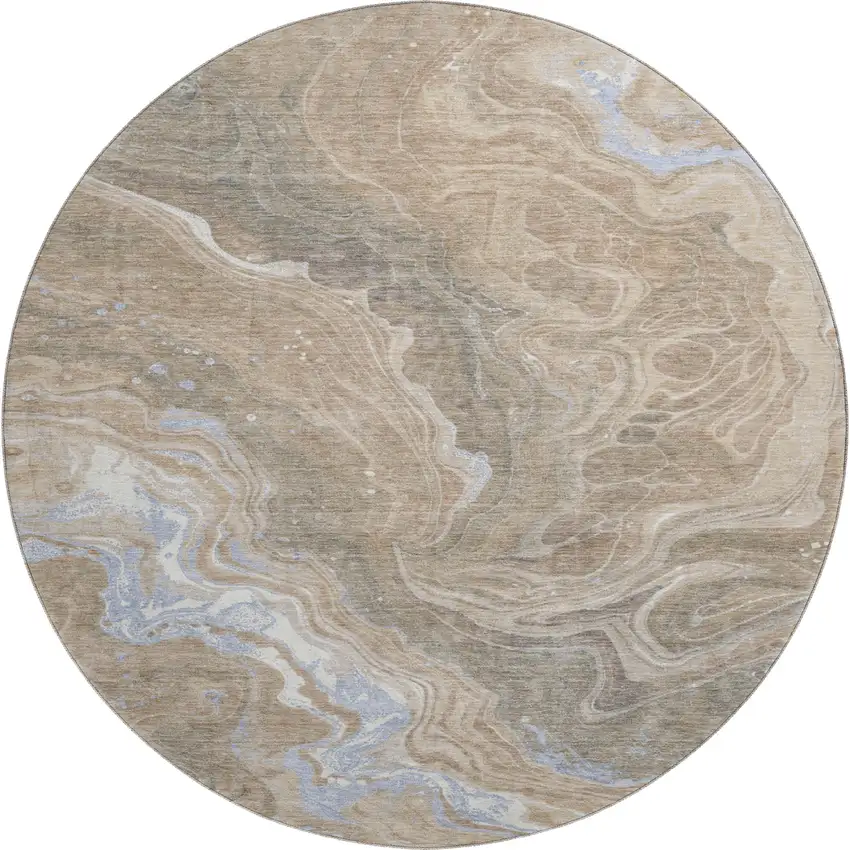 8' Taupe Beige And Gray Abstract Washable Round Rug With UV Protection Photo 1