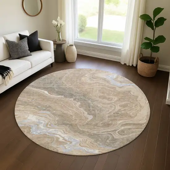 8' Taupe Beige And Gray Abstract Washable Round Rug With UV Protection Photo 4