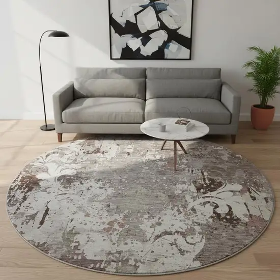 8' Taupe Beige And Gray Damask Washable Round Rug With UV Protection Photo 2