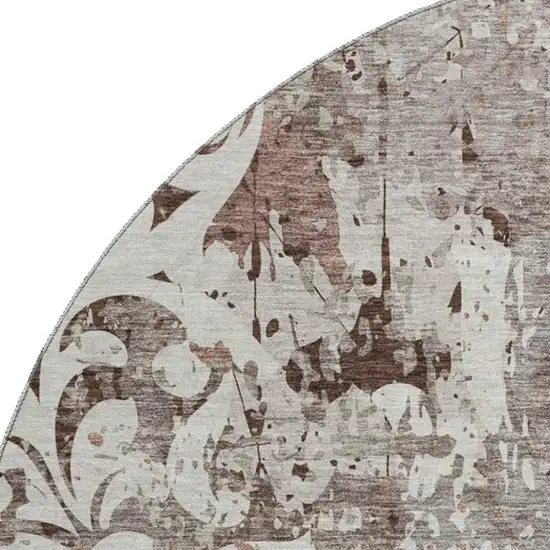 8' Taupe Beige And Gray Damask Washable Round Rug With UV Protection Photo 2