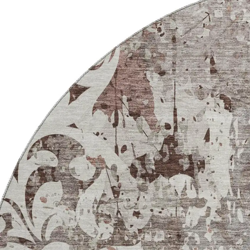 8' Taupe Beige And Gray Damask Washable Round Rug With UV Protection Photo 2