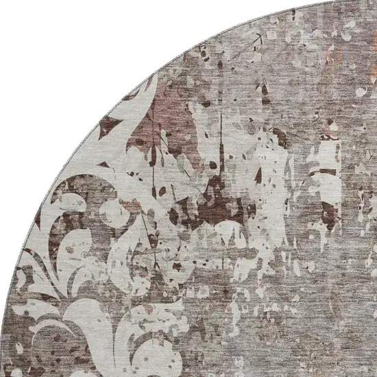 8' Taupe Beige And Gray Damask Washable Round Rug With UV Protection Photo 3
