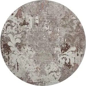 Photo of 8' Taupe Beige And Gray Damask Washable Round Rug With UV Protection