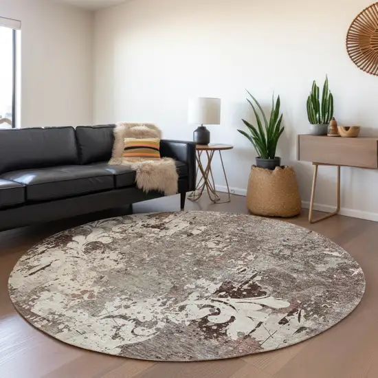 8' Taupe Beige And Gray Damask Washable Round Rug With UV Protection Photo 4
