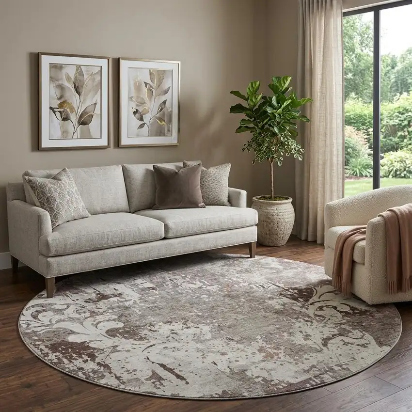 8' Taupe Beige And Gray Damask Washable Round Rug With UV Protection Photo 1