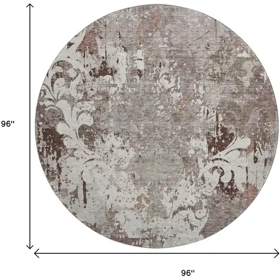 8' Taupe Beige And Gray Damask Washable Round Rug With UV Protection Photo 9