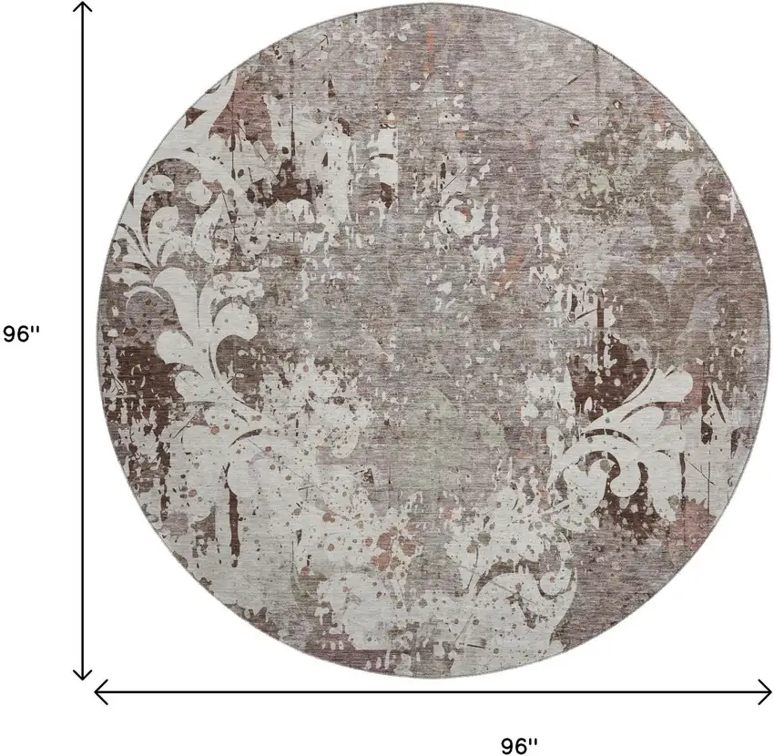 8' Taupe Beige And Gray Damask Washable Round Rug With UV Protection Photo 9