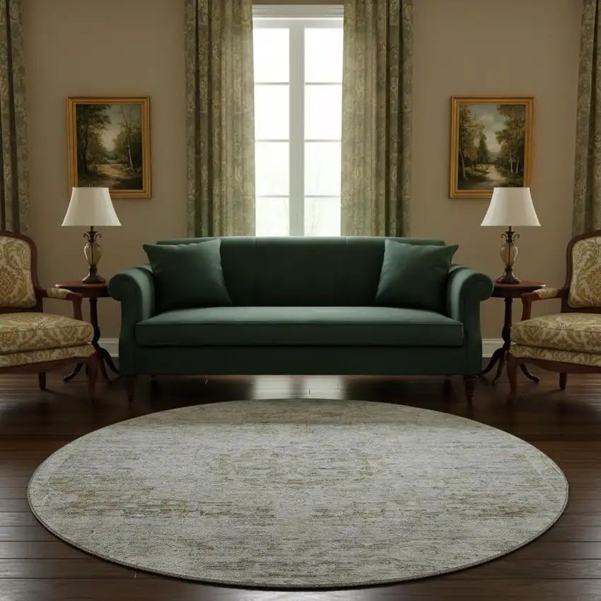 8' Taupe Beige And Gray Floral Medallion Washable Round Rug With UV Protection Photo 2