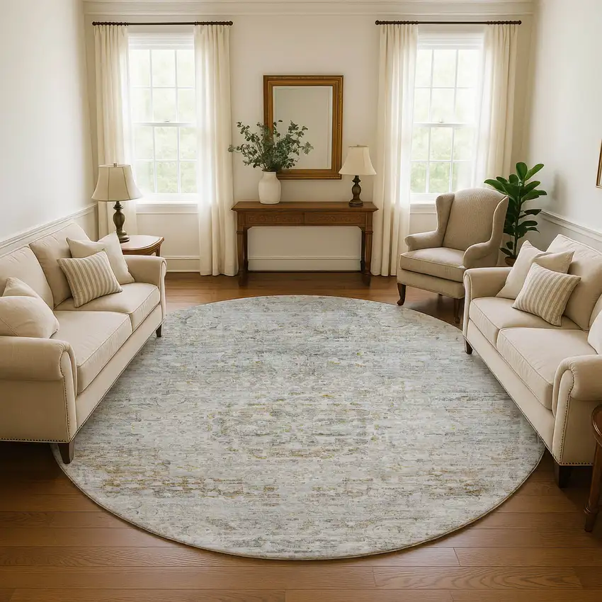 8' Taupe Beige And Gray Floral Medallion Washable Round Rug With UV Protection Photo 4