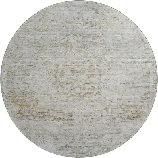 8' Taupe Beige And Gray Floral Medallion Washable Round Rug With UV Protection Photo 1