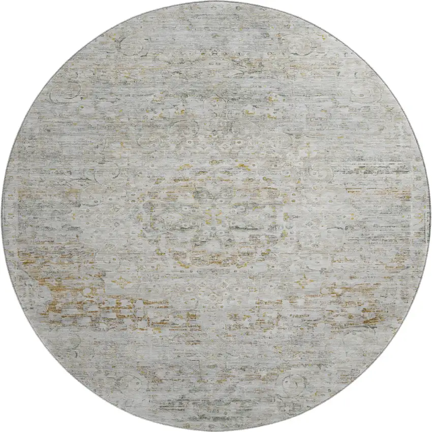 8' Taupe Beige And Gray Floral Medallion Washable Round Rug With UV Protection Photo 1