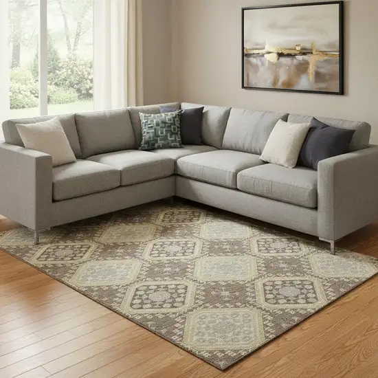 8' Taupe Beige And Gray Floral Washable Area Rug With UV Protection Photo 2