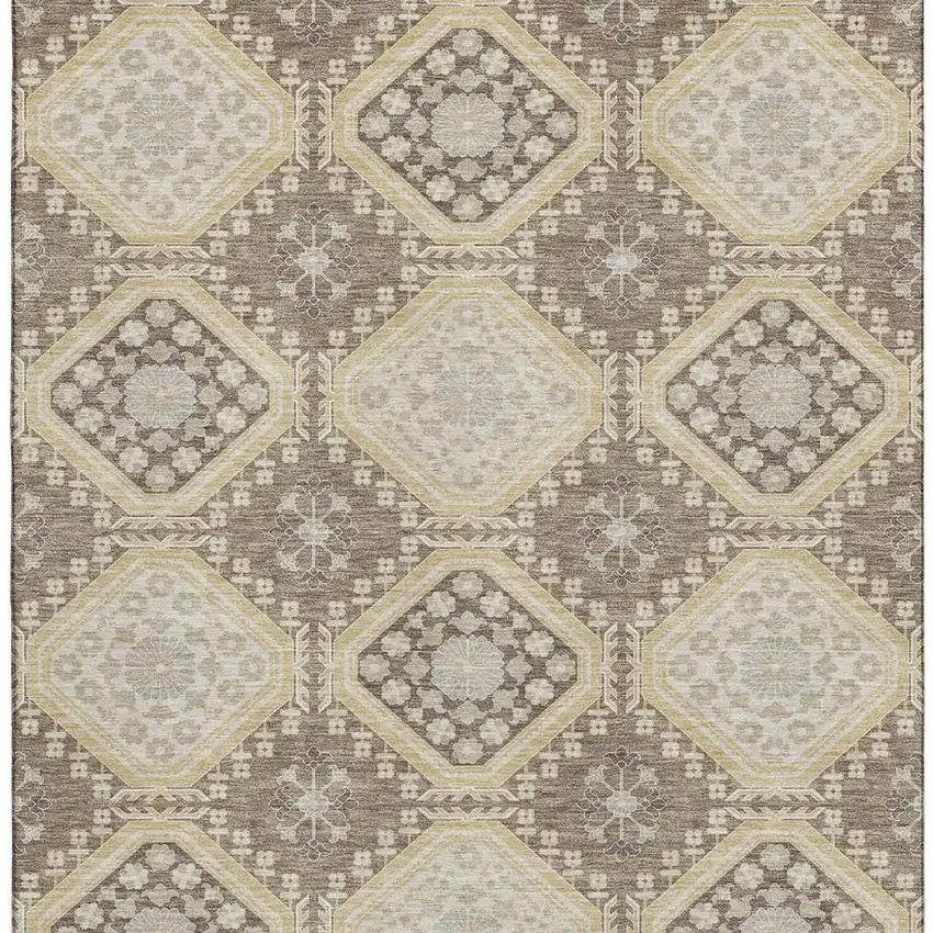 8' Taupe Beige And Gray Floral Washable Area Rug With UV Protection Photo 3