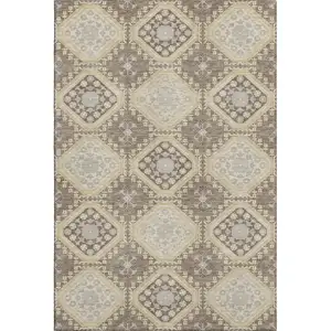 Photo of 8' Taupe Beige And Gray Floral Washable Area Rug With UV Protection